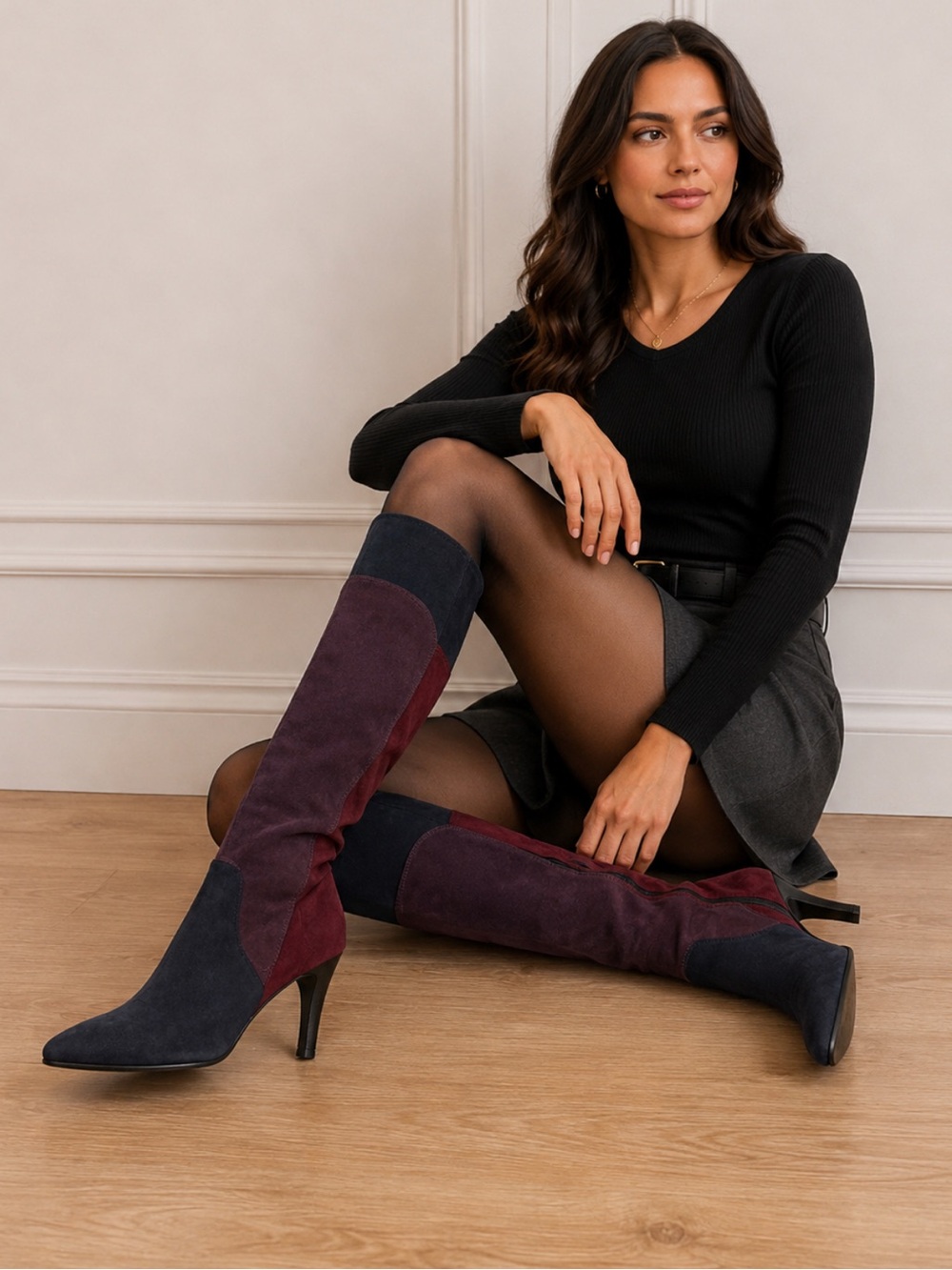 IMPO Page Patchwork Stretch Suede Knee High Boots Slim Calf Colorblock Size 6.5